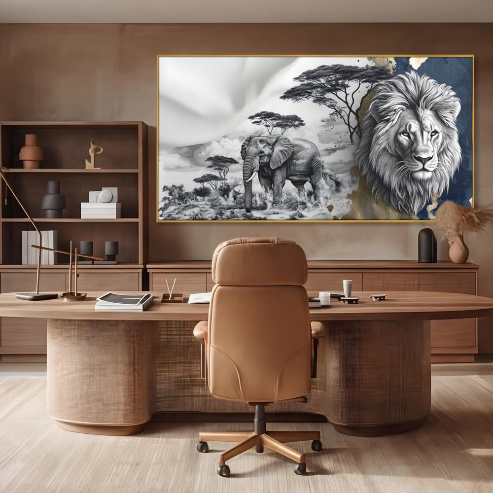 Tablou canvas cu tablou canvas cu leu si elefant, in rama de aluminiu auriu, pe perete intr-un birou